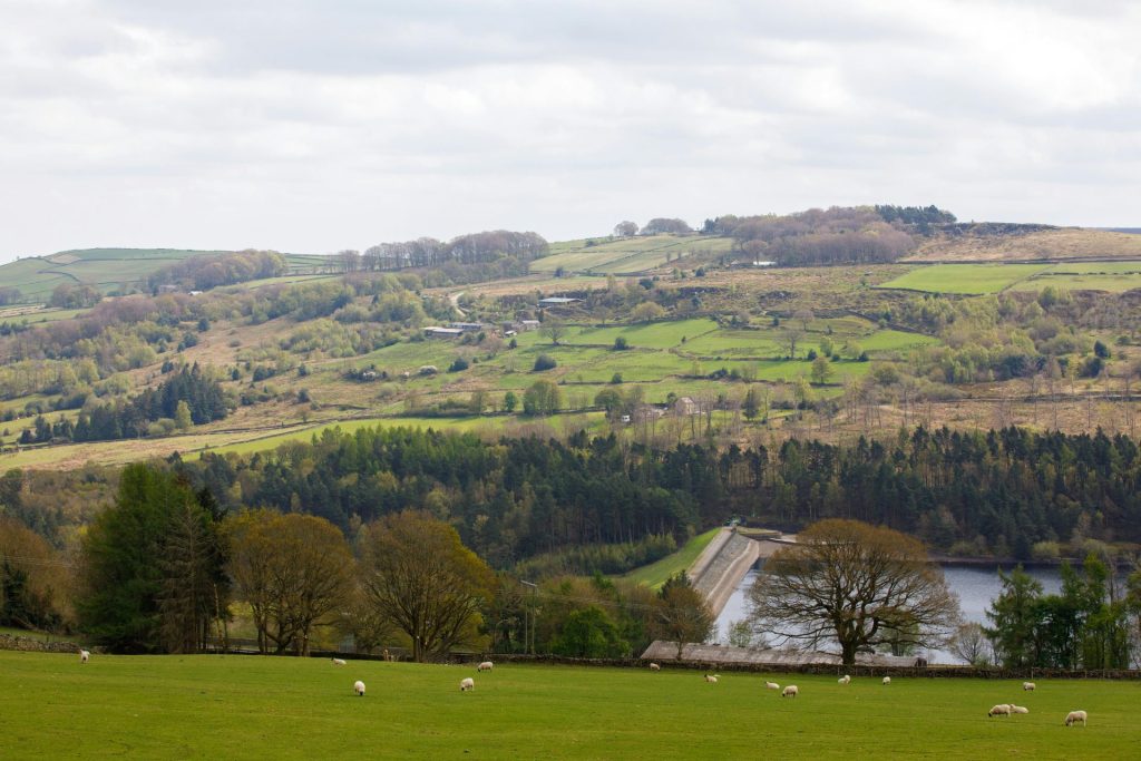 Lush green hills and reservoir in the British countryside, serene spring landscape.